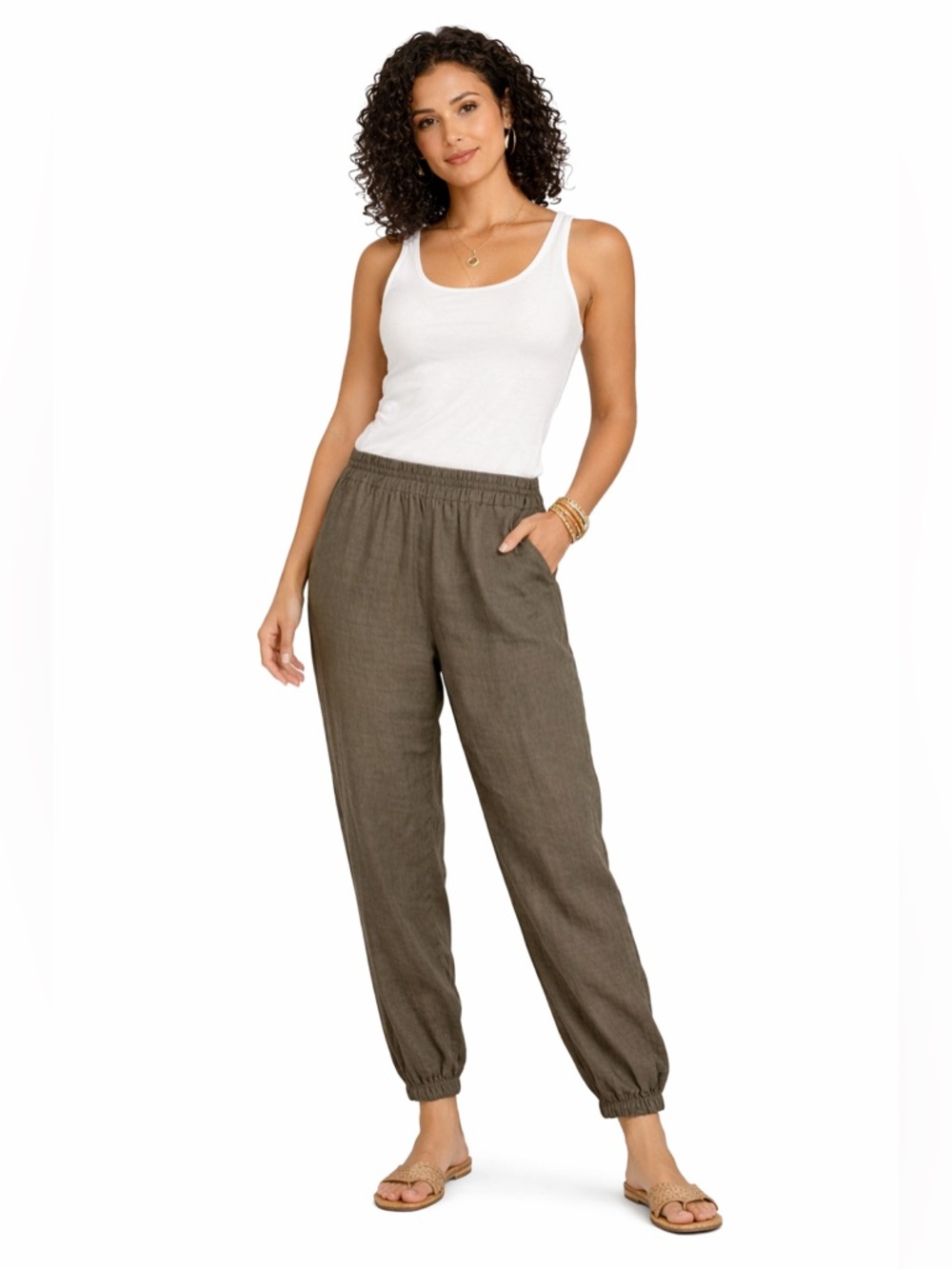 Flax Olive Green Elastic-Waist Linen Jogger Pants